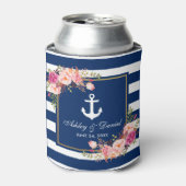 ネイビ航海のー結婚ブルーの金ゴールドストライプのフローラ 缶クーラー (缶正面)