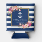 ネイビ航海のー結婚ブルーの金ゴールドストライプのフローラ 缶クーラー (正面)