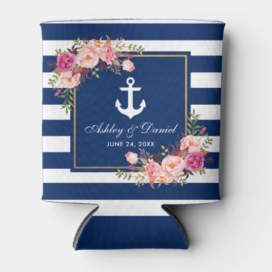 ネイビ航海のー結婚ブルーの金ゴールドストライプのフローラ 缶クーラー (正面)