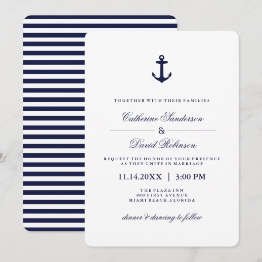 ネイビ航海のー結婚式招待状とのストライプ 招待状 (正面/裏面)
