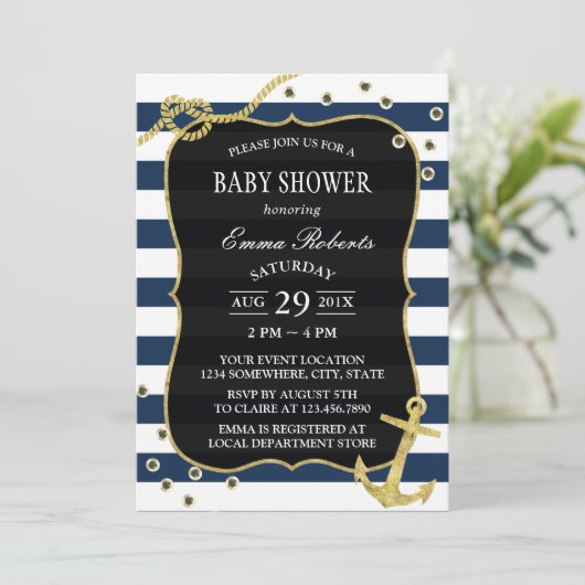 ネイビ航海のー金ゴールドストライプいかりベビーシャワー 招待状 (スタンド正面)