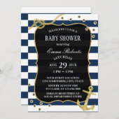 ネイビ航海のー金ゴールドストライプいかりベビーシャワー 招待状 (正面/裏面)