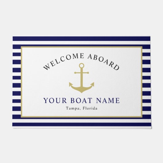 ネイビ航海のー金ゴールド歓迎ボート名いかり ドアマット (正面)