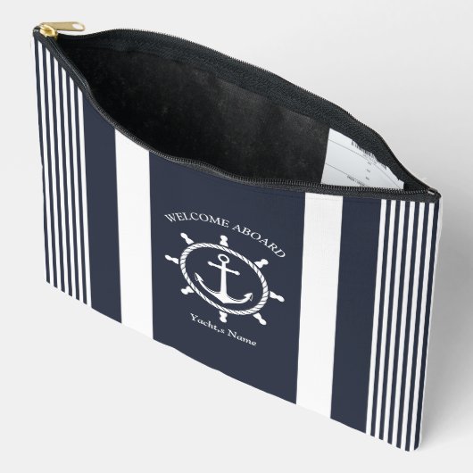 ネイビ航海のー青と白とストライプのいかり アクセサリーポーチ (見開き)