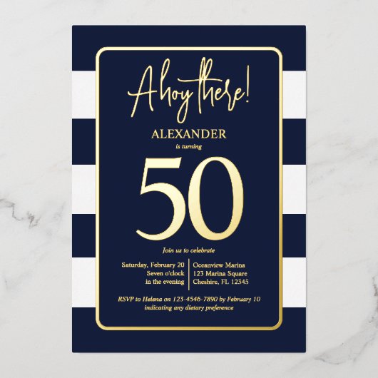 ネイビ航海のー50thバースデーパーティーフォイル招待状 箔招待状 (正面)