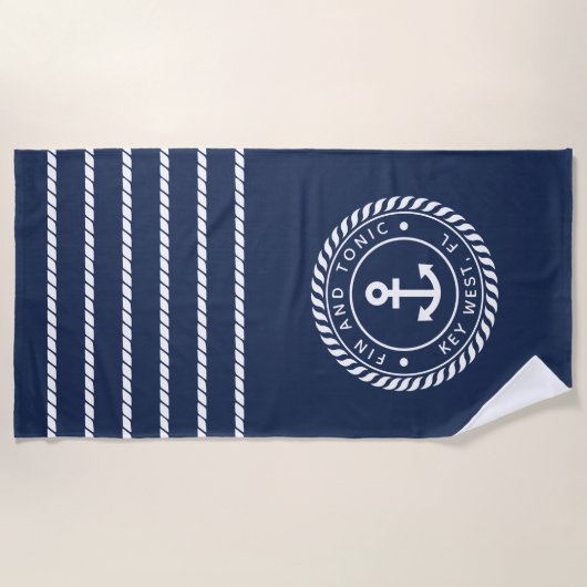 ネイビ航海のー&ホワイトいかりストライプボート名 ビーチタオル (正面)