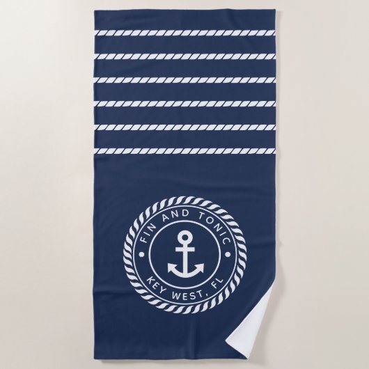 ネイビ航海のー&ホワイトいかりストライプボート名 ビーチタオル (正面)