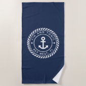 ネイビ航海のー&ホワイトいかりボート名 ビーチタオル (正面)