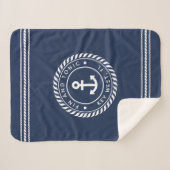 ネイビ航海のー&ホワイトいかり |あなたのボート名 シェルパブランケット (正面(横))