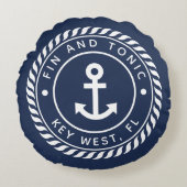 ネイビ航海のー&ホワイトいかり |あなたのボート名 ラウンドクッション (正面)