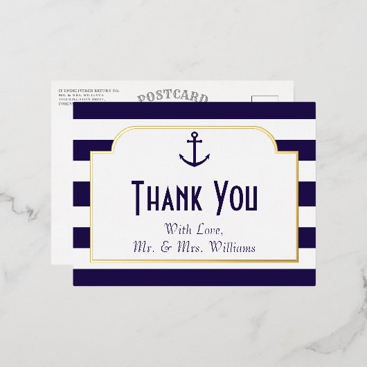 ネイビ航海のー&ホワイトストライプいかりありがとう 箔招待状ポストカード (正面/裏面)