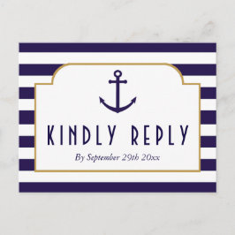 ネイビ航海のー&ホワイトストライプいかりウェディングRSVP インビテーションポストカード
