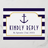 ネイビ航海のー&ホワイトストライプいかりウェディングRSVP 箔招待状ポストカード (正面)