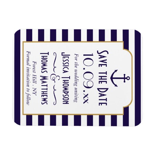 ネイビ航海のー&ホワイトストライプいかり日付の保存 マグネット (横)