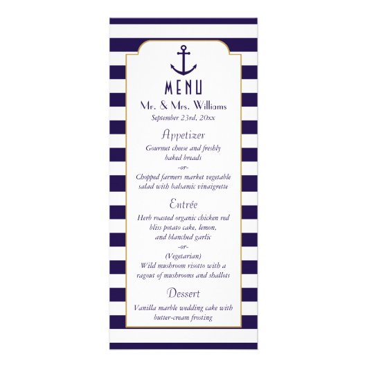 ネイビ航海のー&ホワイトストライプいかり結婚のメニュー ラックカード (正面)