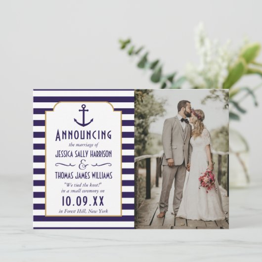 ネイビ航海のー&ホワイトストライプいかり結婚の写真 案内状 (スタンド正面)