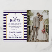 ネイビ航海のー&ホワイトストライプいかり結婚の写真 箔招待状 (正面)