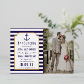 ネイビ航海のー&ホワイトストライプいかり結婚の写真 箔招待状 (立ち正面)