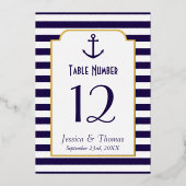 ネイビ航海のー&ホワイトストライプいかり結婚ズ実在ス 箔招待状 (正面)