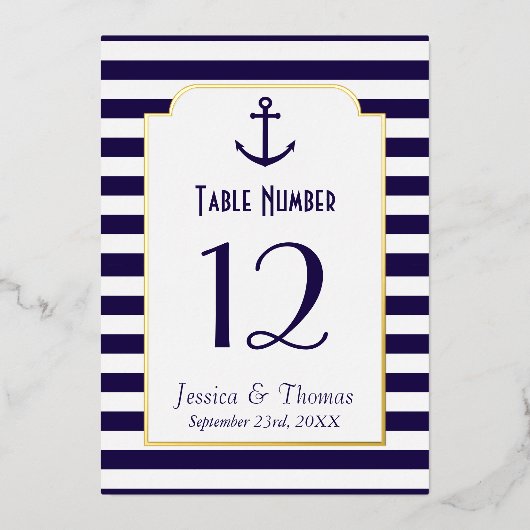 ネイビ航海のー&ホワイトストライプいかり結婚ズ実在ス 箔招待状 (正面)