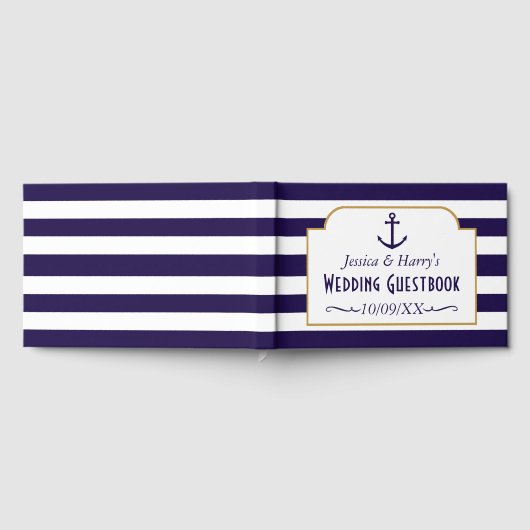 ネイビ航海のー&ホワイトストライプいかり結婚ズ ゲストブック (全面)