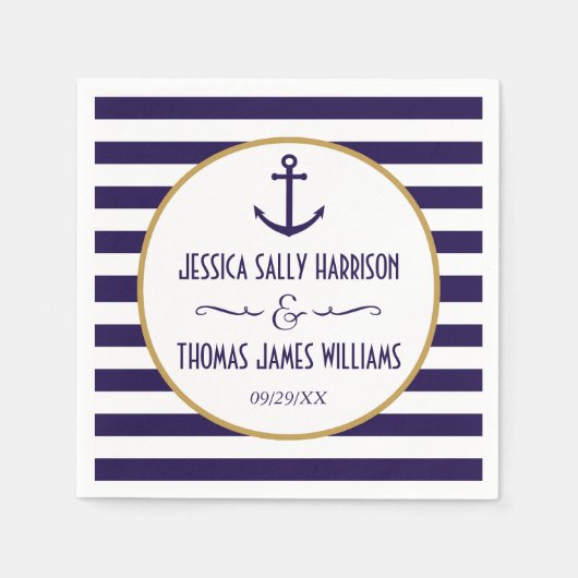 ネイビ航海のー&ホワイトストライプいかり結婚ズ スタンダードカクテルナプキン (正面)