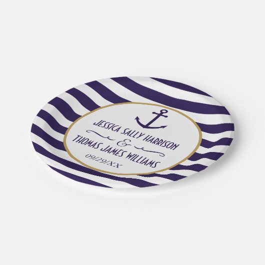 ネイビ航海のー&ホワイトストライプいかり結婚ズ ペーパープレート (アングル)