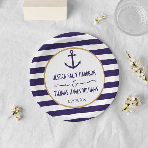 ネイビ航海のー&ホワイトストライプいかり結婚ズ ペーパープレート