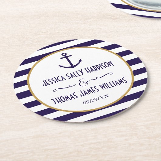 ネイビ航海のー&ホワイトストライプいかり結婚ズ ラウンドペーパーコースター (アングル)