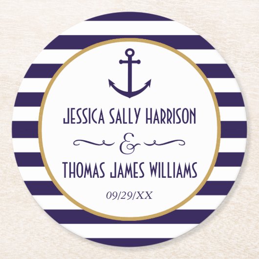 ネイビ航海のー&ホワイトストライプいかり結婚ズ ラウンドペーパーコースター (正面)