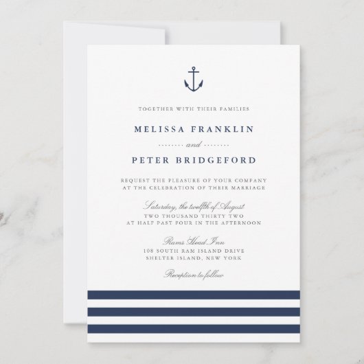 ネイビ航海のー&ホワイトストライプいかり結婚ズ 招待状 (正面)