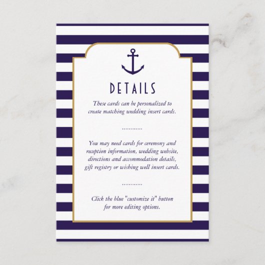 ネイビ航海のー&ホワイトストライプいかり結婚詳細 エンクロージャーカード (正面)
