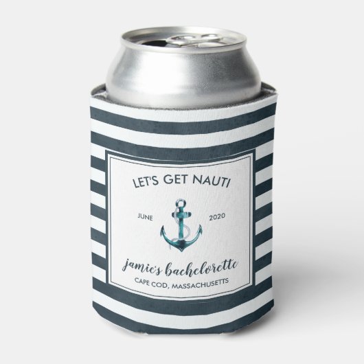 ネイビ航海のー&ホワイトバチェロレッテパーソナライズされた 缶クーラー (缶正面)