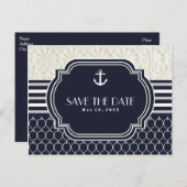 ネイビ航海のー&ホワイトビーチ結婚式日付の保存 案内ポストカード (正面/裏面)