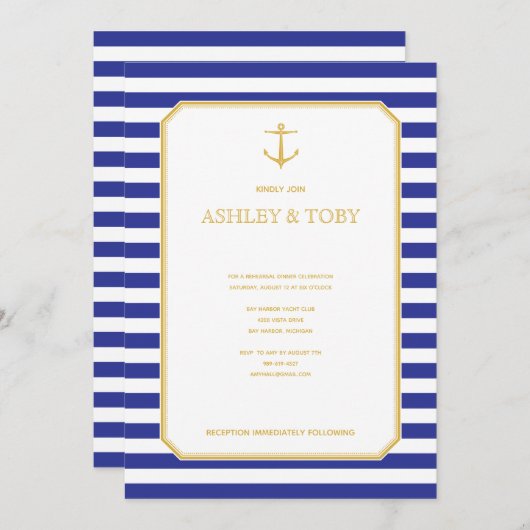 ネイビ航海のー&金ゴールドリハーサルディナー招待状 招待状 (正面/裏面)