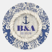 ネイビ航海の素朴ビーチ流木結婚の ラウンドシール (正面)