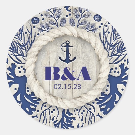ネイビ航海の素朴ビーチ流木結婚の ラウンドシール (正面)