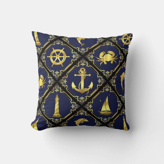 ネイビ航海の/金ゴールド/イルカ/帆船/いかり/カニ クッション (正面)
