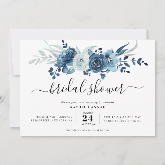 ネイビ色彩の鮮やかーブルーフローラブライダルシャワー 招待状 (正面)