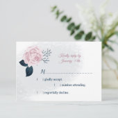 ネイビ葉ー・ピンクの花 出欠カード (スタンド正面)