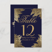 ネイビ葉ー・ブルー・テーブル番号の金ゴールド 招待状 (正面/裏面)