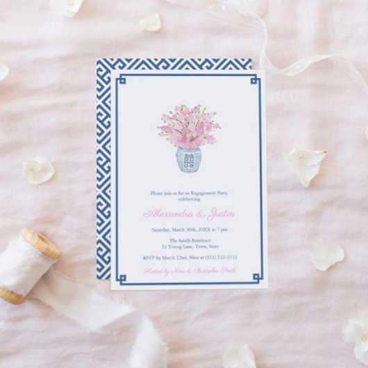 ネイビ頭が切れるーブルー&ピンクジンジャージャー婚約パーティ 招待状