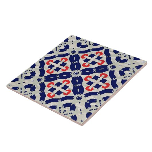 ネイビ鮮やかーブルー、レッド、グレーの十字モザイク タイル (側面)