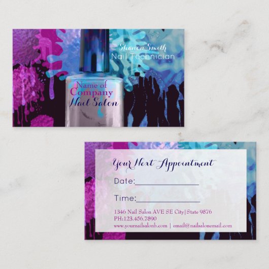 ネイリストのカラフルなスプラッターのアポイントメント 予約カード (正面/裏面)