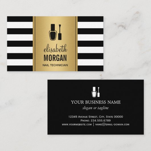 ネイリストエレガント金ゴールドストライプ白黒 名刺 (正面/裏面)