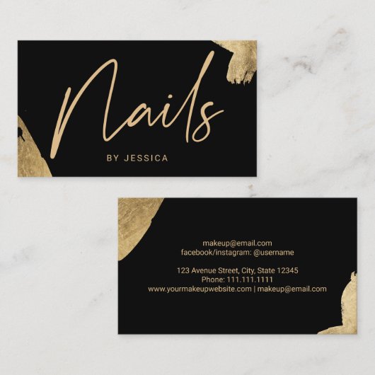 ネイリストエレガント金ゴールドブラシストローク黒 名刺 (正面/裏面)