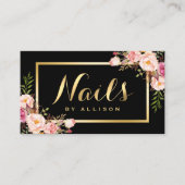 ネイリストサロンブラック金ゴールドフローラスクリプト 名刺 (正面)