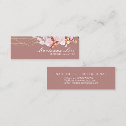 ネイリストサロン金ゴールド水彩花模様ピンク スキニー名刺 (正面/裏面)