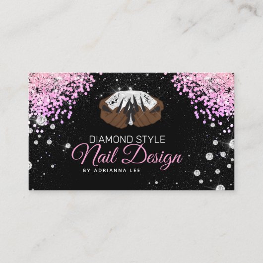 ネイリストダイヤモンドグリッターピンク&ブラックサロン 名刺 (正面)