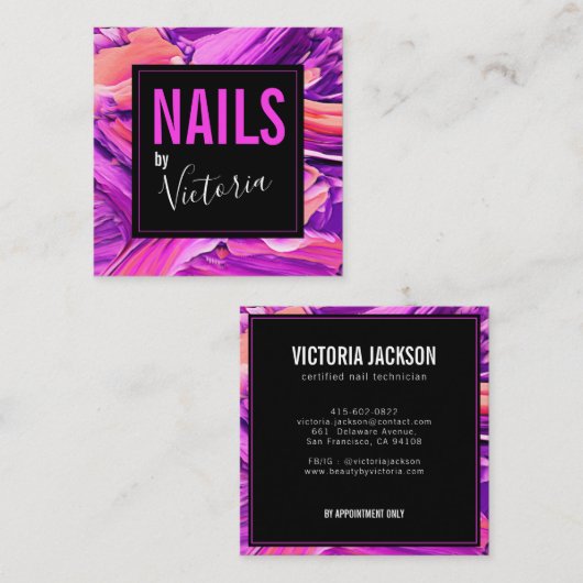 ネイリストネオンピンクモダン抽象芸術サロン スクエア名刺 (正面/裏面)